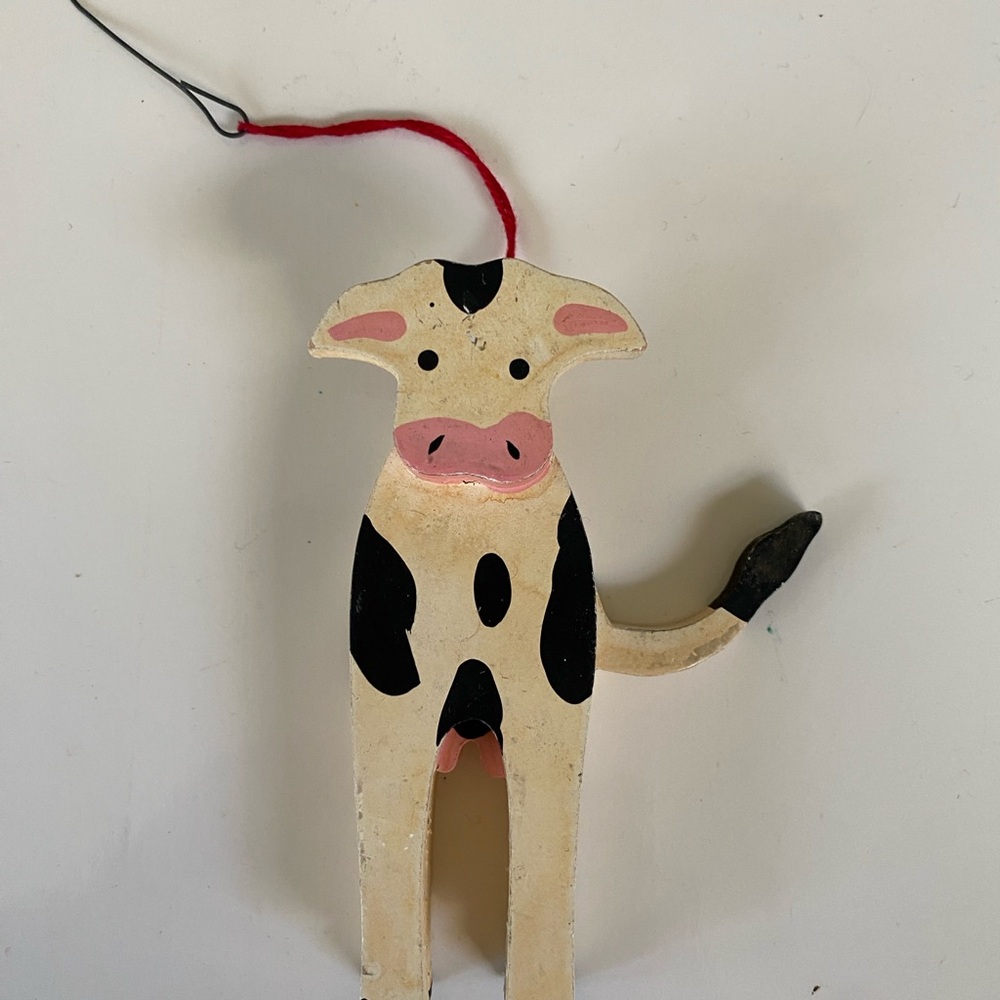 Vintage Wooden Cow Ornament Black and White Spotted cow
